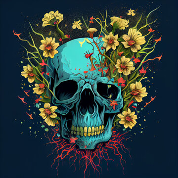 Skull exploding with flowers art nouveau style image