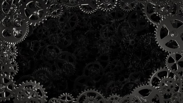 Seamless loop with cogwheels mechanism frame, dark background with copy space