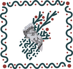 Illustration of the cut head of David. Ancient culture. The head of the statue broke and turned out to be a vase for flowers that took root, abstract green shoots with red fruits come from the bust