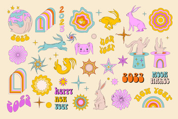 Vector set of hippie rabbits. Retro 70s styles, psychedelic shapes and colors. Hare new year