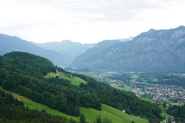 Naklejka na ściany i meble The view from Ewige Wand hiking and mountain biking path to Bad Goisern, Austria