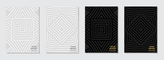 Set of ethnic covers, vertical templates. Collection of relief geometric backgrounds with 3D pattern, tribal trendy texture, press paper, boho style, doodle and zentangle. Actual themes for design 