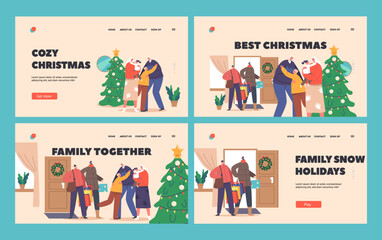 Best Christmas Landing Page Template Set. People Visit Old Parents House. Happy Family Characters Visit Grandparents