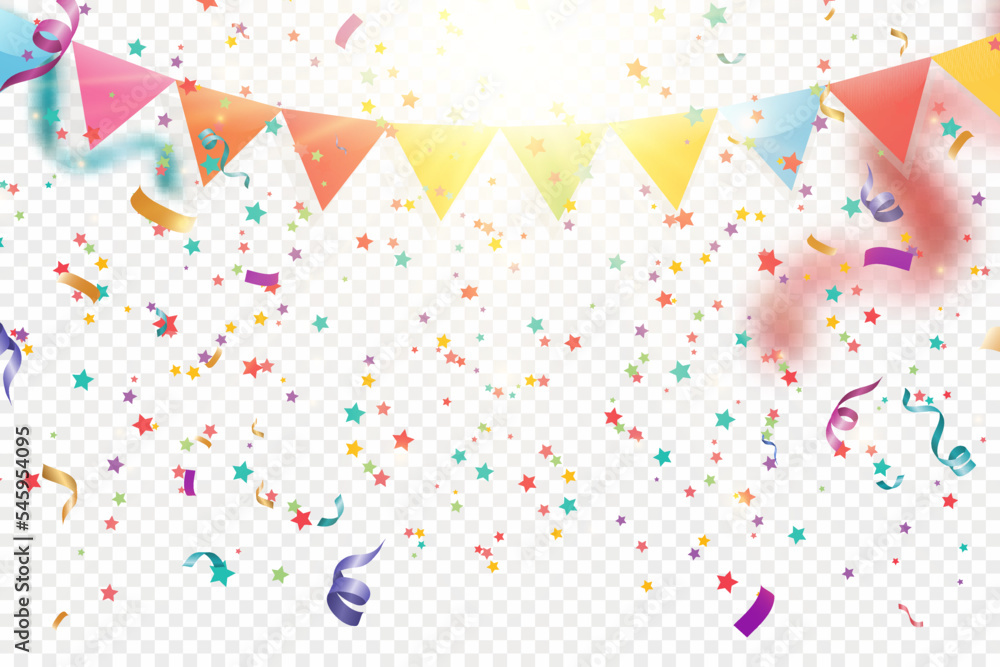 Poster Lots of colorful tiny confetti and ribbons on transparent background. Festive event and party. Multicolor background.Colorful bright confetti isolated on transparent background.	
