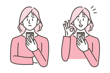 Vector illustration of a young woman with negative and positive expression looking at a smartphone