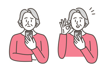 Vector illustration of elderly woman with negative and positive expression looking at smartphone