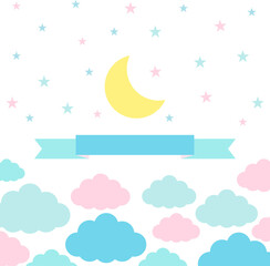 Moon, clouds and stars - night sky in pastel colors, template for design, baby illustration in flat