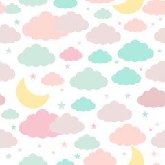 Gordijnen Moon, clouds and stars - night sky in pastel colors, seamless pattern, baby illustration in flat © Marina Demidova