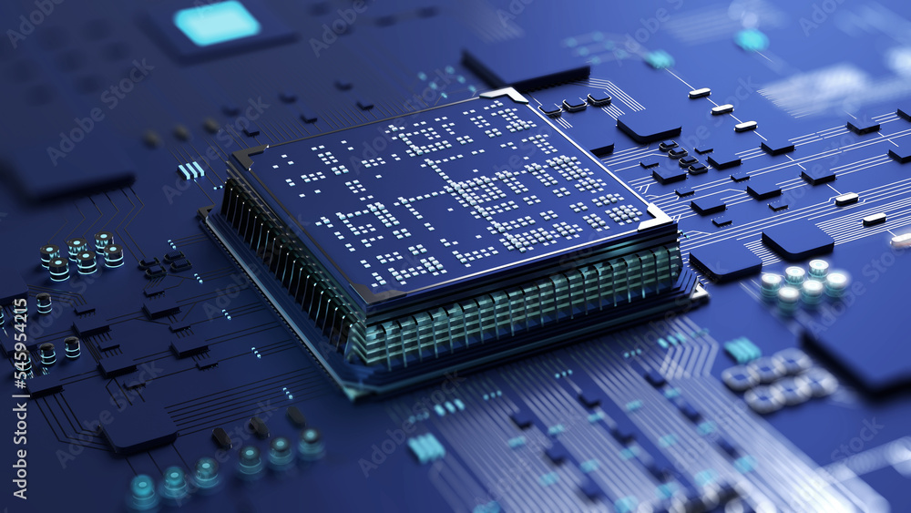 Poster High Technology CPU on a Complex Circuit Microchip Board Surface. Digital close-up of a high-tech microchip and electronic circuits, symbolizing innovation and modern technology. 3d rendering