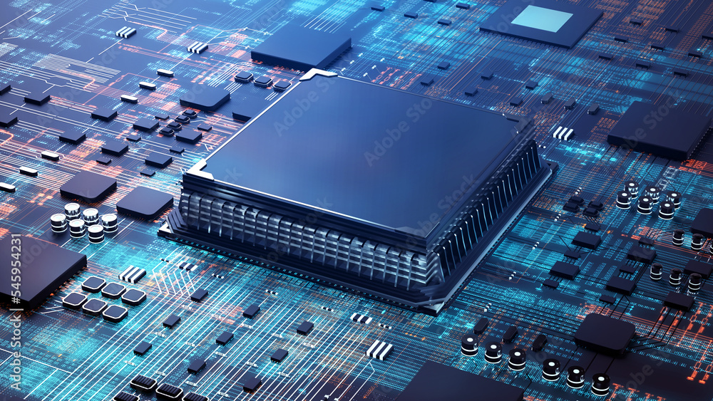 Poster High Technology CPU on a Complex Circuit Microchip Board Surface. Digital close-up of a high-tech microchip and electronic circuits, symbolizing innovation and modern technology. 3d rendering