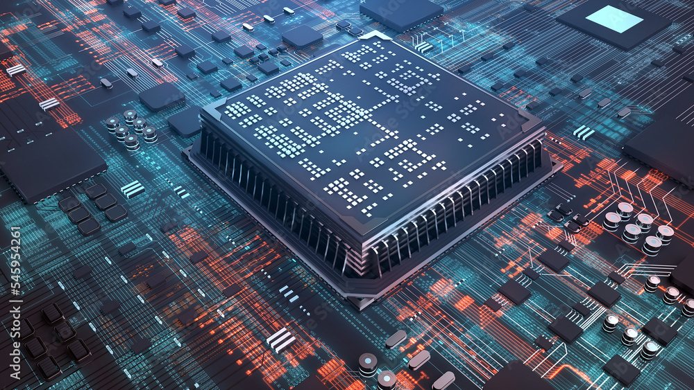 Leinwandbilder High Technology CPU on a Complex Circuit Microchip Board Surface. Digital close-up of a high-tech microchip and electronic circuits, symbolizing innovation and modern technology. 3d rendering