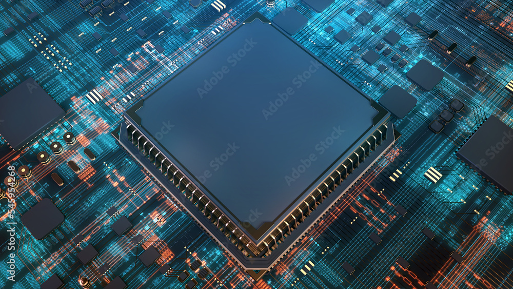 Poster High Technology CPU on a Complex Circuit Microchip Board Surface. Digital close-up of a high-tech microchip and electronic circuits, symbolizing innovation and modern technology. 3d rendering