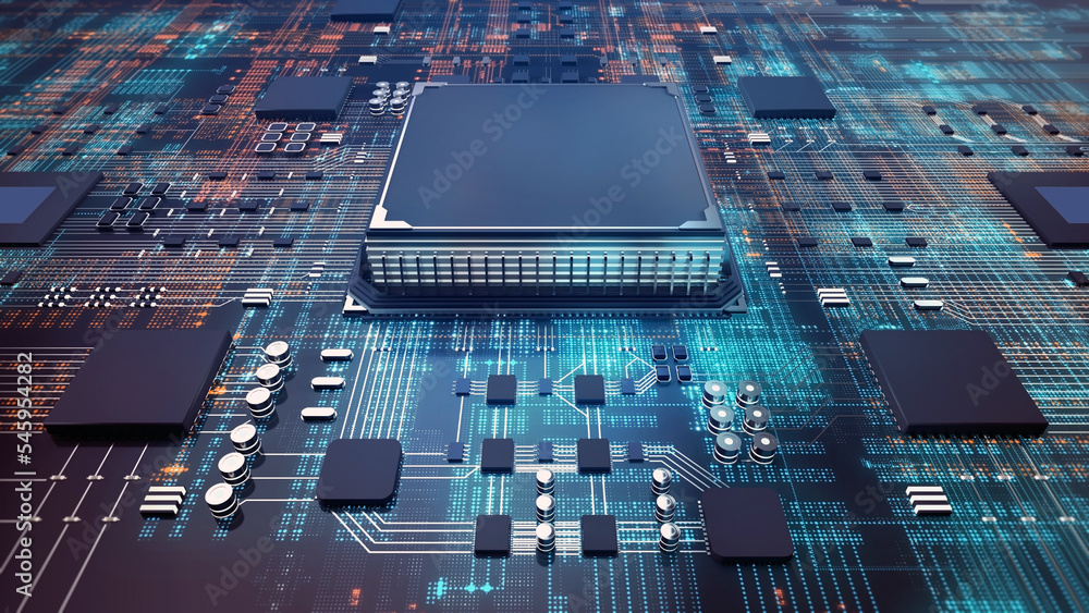 Leinwandbilder High Technology CPU on a Complex Circuit Microchip Board Surface. Digital close-up of a high-tech microchip and electronic circuits, symbolizing innovation and modern technology. 3d rendering