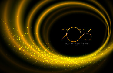Happy New Year 2023 Illustration with Golden Number and Shiny Gold Wave Design Element on Dark Background. Vector Christmas Holiday Season Design for Flyer, Greeting Card, Banner, Celebration Poster
