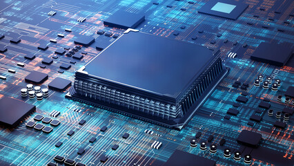 High Technology CPU on a Complex Circuit Microchip Board Surface. Digital close-up of a high-tech microchip and electronic circuits, symbolizing innovation and modern technology. 3d rendering
