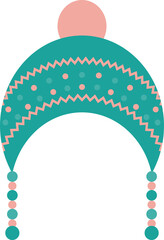 Blue knitted hat with pink pompom and pattern, flat style icon illustration