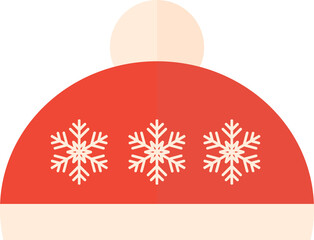 A simple image of a red santa hat with snowflakes and a pink pompom, flat icon