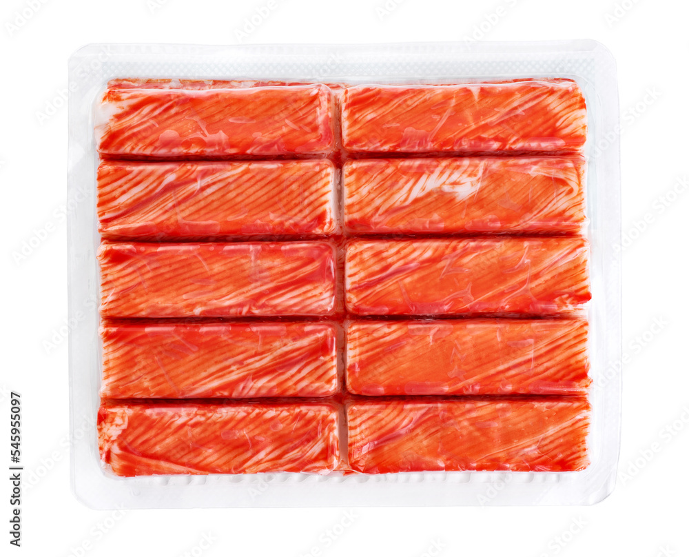 Canvas Prints Chilled crab sticks in clear plastic packaging isolated on white background. Top view.