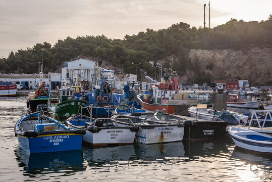 Sesimbra, Portugal - October 11, 2018: Fishing boats in port of Sesimbra town