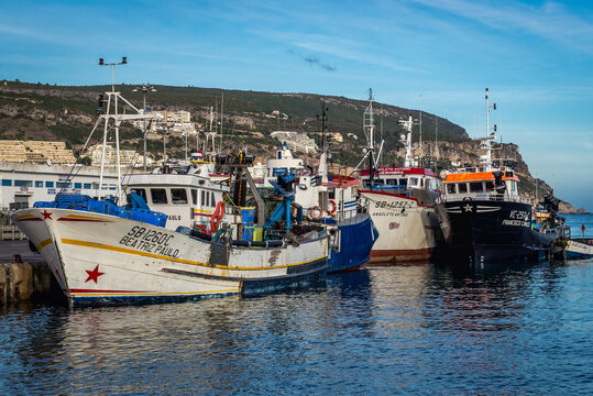 Sesimbra, Portugal - October 11, 2018: Fishery boats in port of Sesimbra town