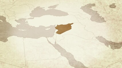 Vintage map showing Syria. From above zooming in.