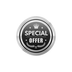 Price special offer silver badge or round label. Store best price symbol or glossy metal label, shop special offer vector stamp or sign. Shop sale promotion premium glossy metal tag with crown