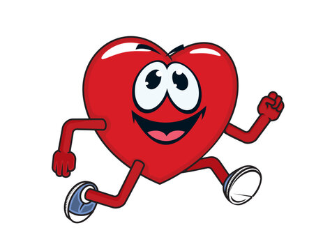 Cartoon running heart character. Healthy lifestyle, fitness exercise and sport training, cardiovascular system disease prevention funny mascot. Isolated running or jogging heart vector personage