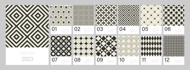 Calendar template for 2023. Vertical design with bright colorful retro geometric ornaments. Editable illustration page template A4, A3, set of 12 months with cover. Vector mesh. Week starts on Monday.