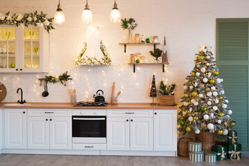 Modern Kitchen Interior with Island, Sink, Cabinets in New Luxury Home Decorated in Christmas Style