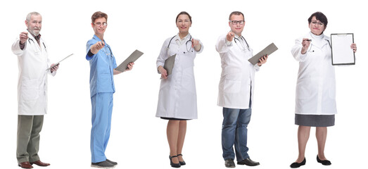 full length group of doctors with notepad isolated