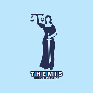 themis justice logo, silhouette of young lady holginf scales vector illustrations