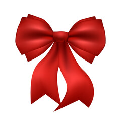 Festive bow isolated on white background. Vector Christmas red satin bow with ribbons realistic, wrap holiday element template. For presents, gifts, coupon, sale, discount design Birthday, Valentine.