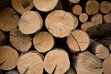 brown logs, firewood for home heating in winter, pine, oak logs, wood, heating in winter, without gas and electricity, preparation for winter to keep warm in winter, even firewood cut and stacked symm