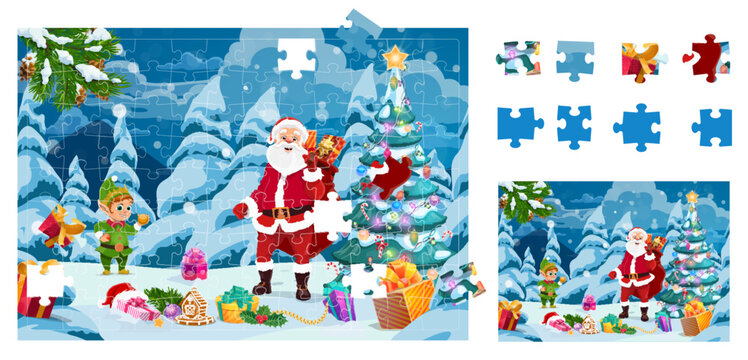 Christmas Santa, gnome and gifts in snowy forest. Jigsaw puzzle game pieces with vector Xmas tree, winter holiday present boxes, Santa Claus and elf cartoon characters. Kids education game worksheet