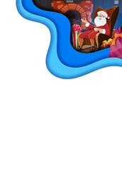 Christmas paper cut poster with Santa, fireplace and Xmas gifts, vector winter holidays. Santa character with festive hearth, Christmas gifts and presents in papercut wavy frame with copy space