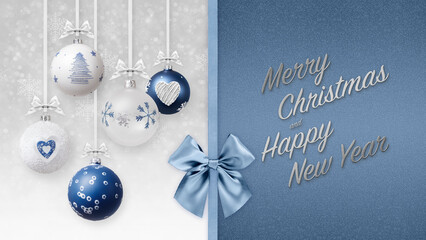 Merry Christmas and happy new year text with blue shiny ribbon bow, decorative glitter tree balls...