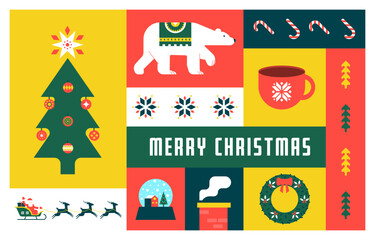 Simple Christmas background, elegant Flat design minimalist style. Merry Christmas banner. Santa Claus, Bear, Christmas tree, decorations and Xmas trees elements. Retro clean concept design. Vector 