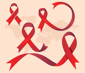 Set of red ribbon, HIV, AIDS awareness symbol.