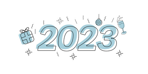 Happy New Year and Christmas 2023. 2023 typography on a background of bright colored paint strokes. New Year holiday greeting card.EPS10. Festive numbers design. Lettering 2023.
