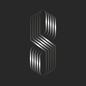 Monogram S letter logo or 8 number logotype shape Gothic style, silver gradient parallel thin lines, metallic ribbons from smooth thin stripes, typography decoration calligraphic mark.