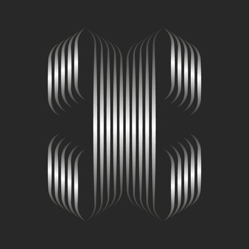 Monogram X letter initial logo 3d effect, Gothic style silver gradient parallel thin lines, metallic striped ribbons, typography decoration calligraphic emblem for boutique.
