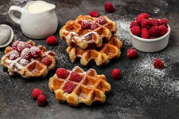 Belgian waffles with raspberries with sugar powder in a freeze motion of a cloud of powder midair, served with jug of milk. Delicious breakfast or snack. Long banner format