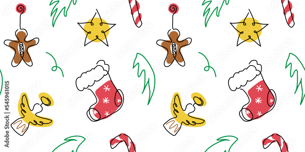 Wall mural Xmas vector pattern. Christmas decorations with sock, candy cane, star, angel, gingerbread man. One continuous line art drawing pattern - Wall murals