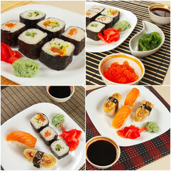 Collage of diverse traditional japanese sushi sets on bamboo mats.