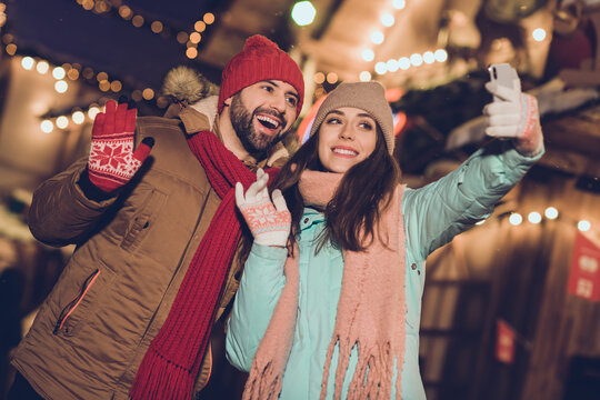 Photo Of Cute Excited Girlfriend Boyfriend Recording Self Video Modern Device Walking Outdoors Urban City Market