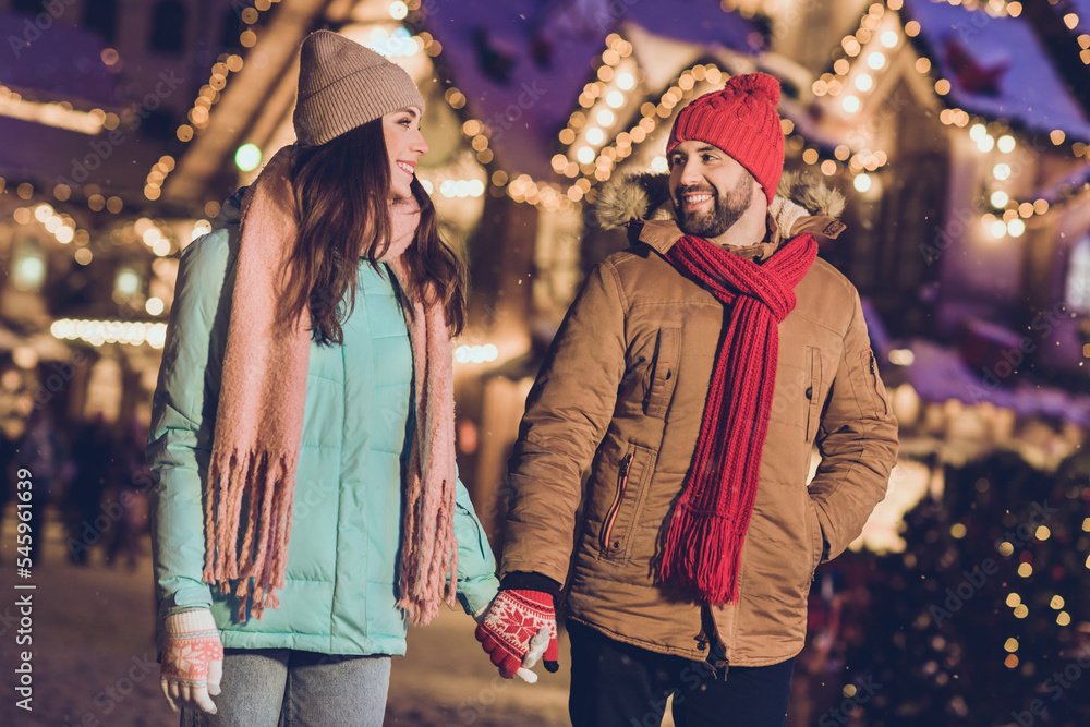 Sticker Photo of lovely student couple walk wear cap jacket scarf gloves at street on new year