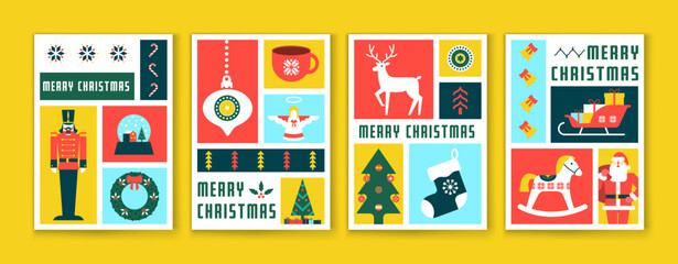 Merry Christmas and Happy New Year greeting card. Creative posters with geometric composition of holiday's symbols. Flat style, geometry, mosaic, modern concept. Vector Illustration
