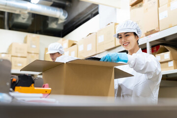 食品を箱詰めする女性　給食センター　宅配食　包装工場