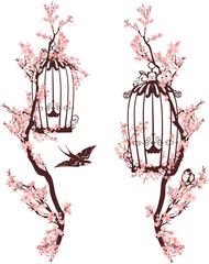 open birdcage and flying swallow bird among blooming sakura tree branches - spring season park nature vector design set