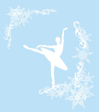 corner frame made of snow flakes with beautiful ballerina girl and frost decor - white vector silhouette set for winter season ballet design